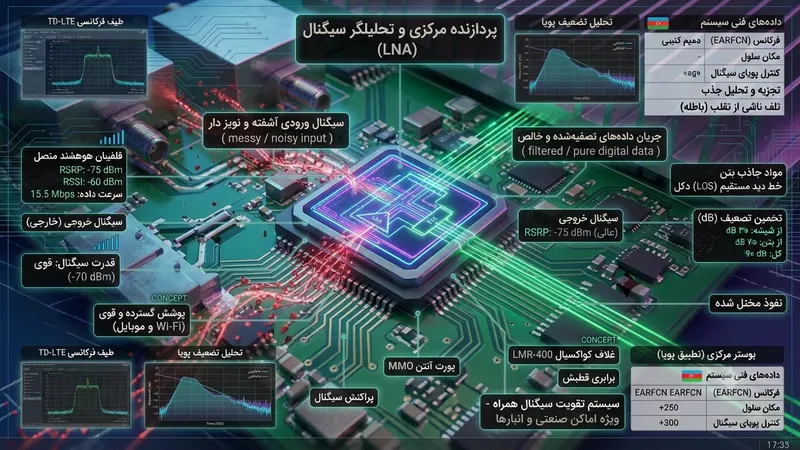 مدار الکترونیکی LNA و نمودار تفکیک نویز از سیگنال باند 5G