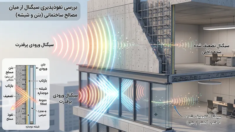 شماتیک تضعیف فرکانس 4G هنگام عبور از مصالح مختلف ساختمانی