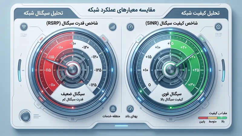 مقایسه مقادیر مطلوب و نامطلوب RSRP و SINR در تجهیزات تست سیگنال