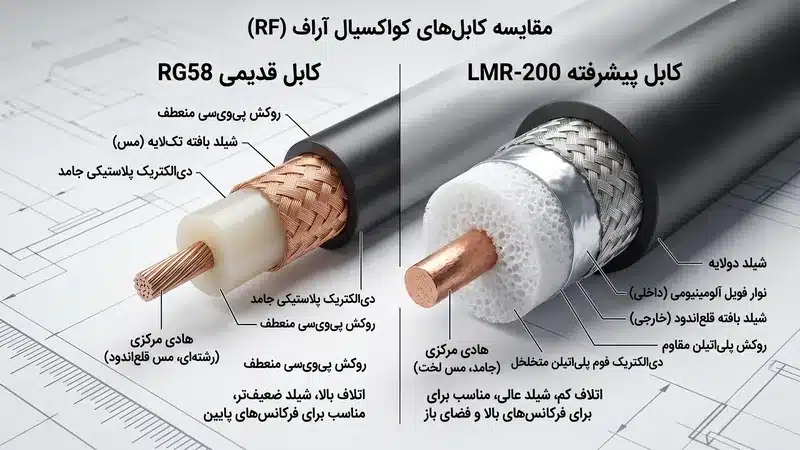 ساختار لایه‌ای کابل المار 200 شامل روکش پلی‌اتیلن، شیلد مس قلع‌اندود، فویل آلومینیوم، فوم دی‌الکتریک و مغزی مس خالص