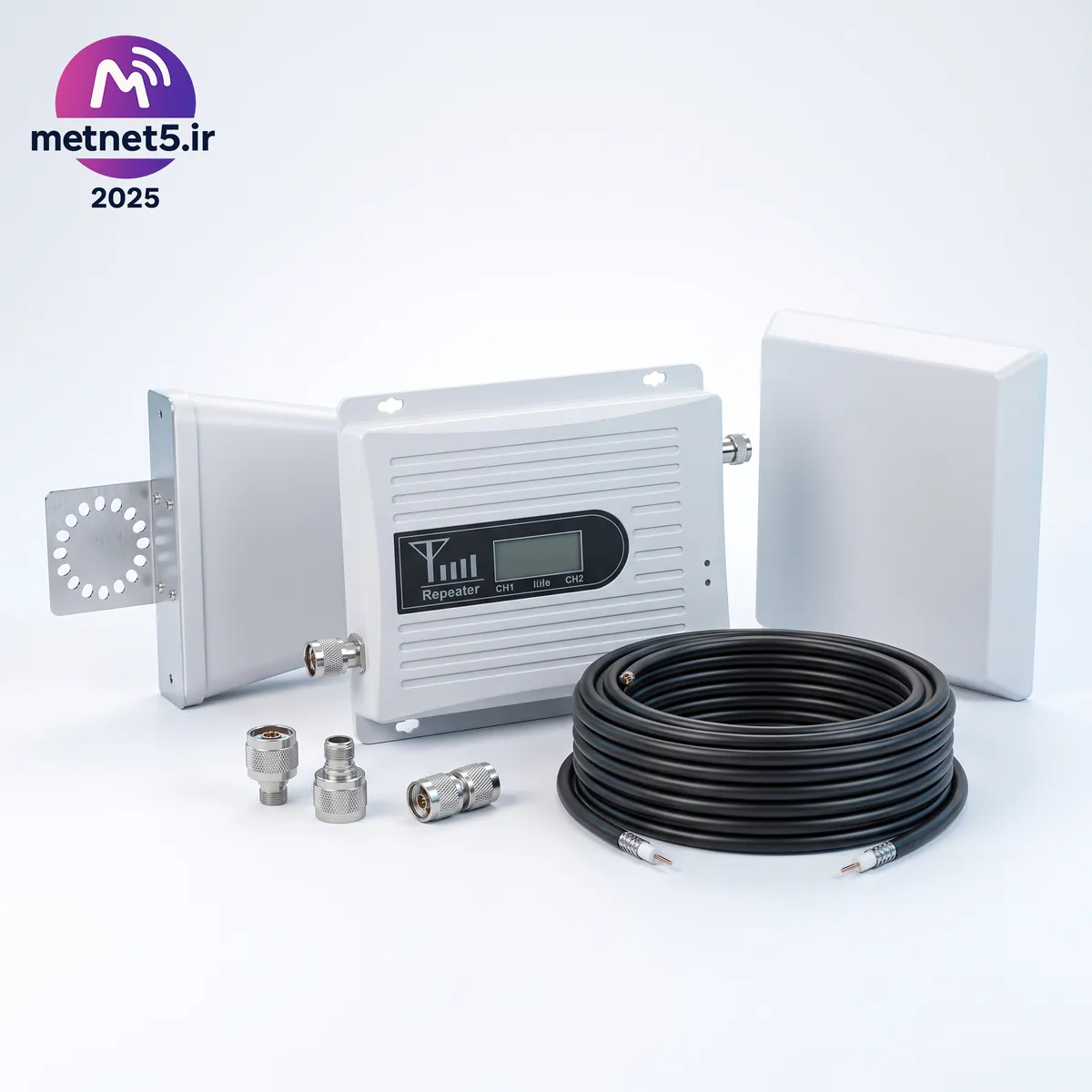 پکیج اقتصادی تقویت آنتن موبایل کاترین دو باند شامل دستگاه، دو آنتن پنل، کابل RG6، کانکتور دو تکه و رابط دو سر پکیج اقتصادی تقویت آنتن موبایل کاترین دو باند شامل دستگاه، دو آنتن پنل، کابل RG6، کانکتور دو تکه و رابط دو سر